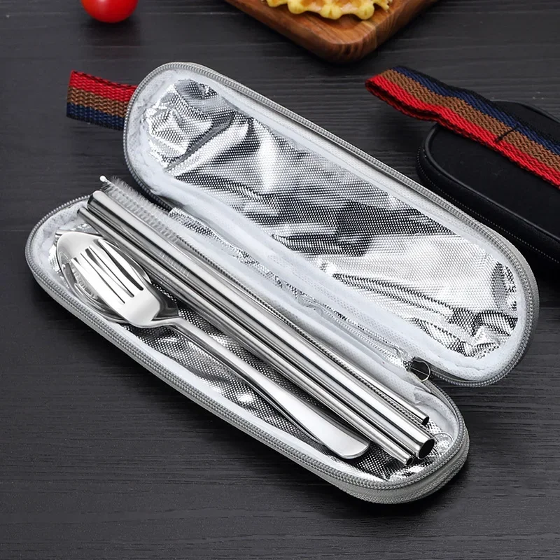 8 pçs/set utensílios de mesa reutilizáveis conjunto de talheres de viagem conjunto de utensílios de acampamento com colher de aço inoxidável garfo pauzinhos palha caso portátil