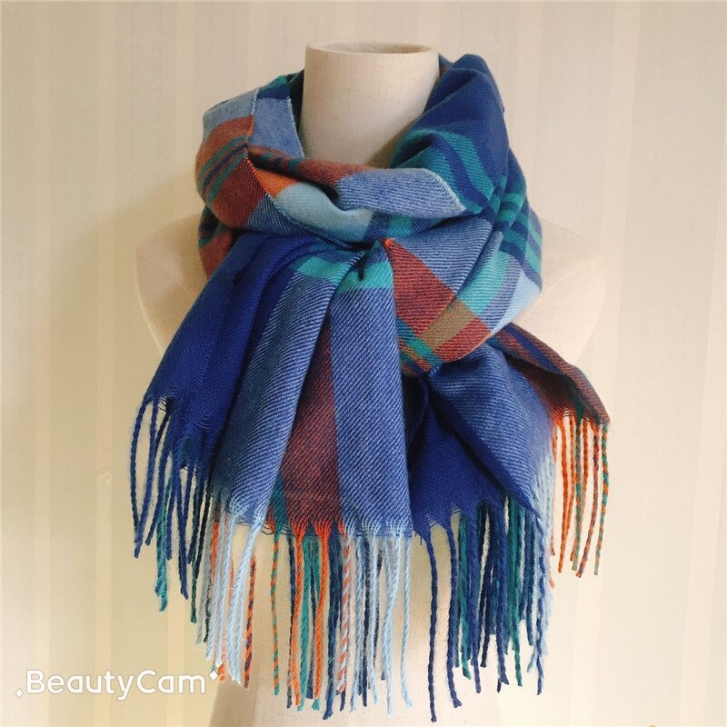 Direct Yellow Plaid Winter Scarf Shawl Women Wool Blends Poncho Wrap Female Tippet Stole Ladies Colorful Scarves Pashmina: Blue