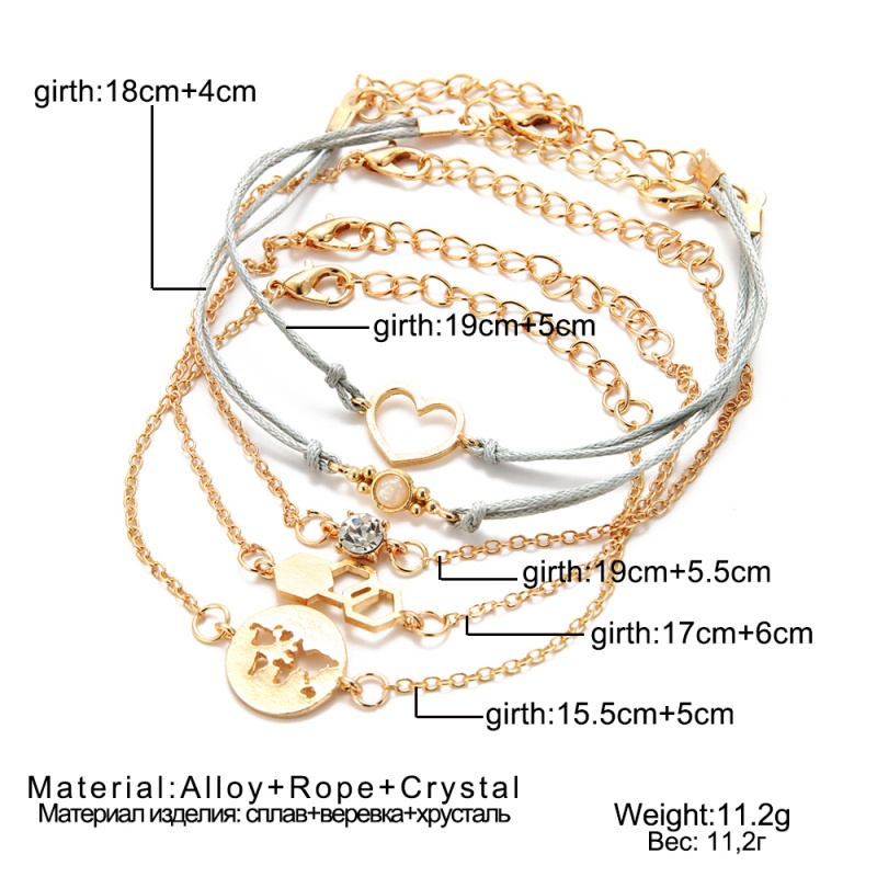 New New Rope Chains Jewelry Gift Trendy Hollowing Geometric Hexagon Opal Love Heart Disc Map Zircon Bracelets Female 5 Pcs/set