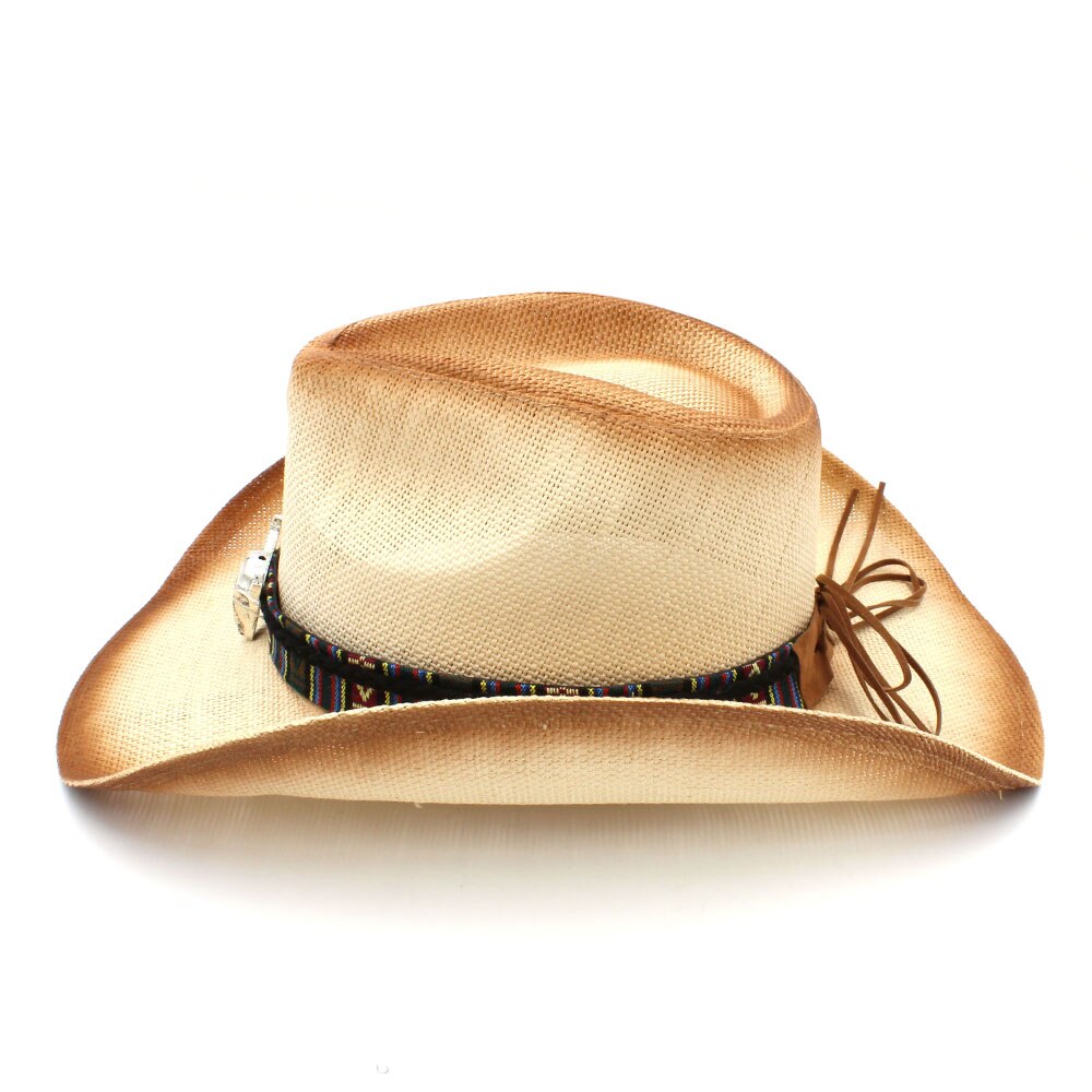 Stro cowboyhoed voor dames en heren met bohemian stierenhoofdband voor dames en vaders, western sombrero hombre cowgirl jazz petten maat 58cm