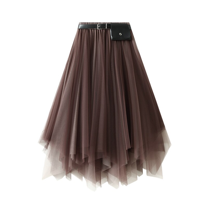 Jupe Tutu mi-longue décontractée pour femmes, couleur unie, taille haute, avec ceinture, poches irrégulières, Simple, élégante, en Tulle, printemps automne, 2022: Brown
