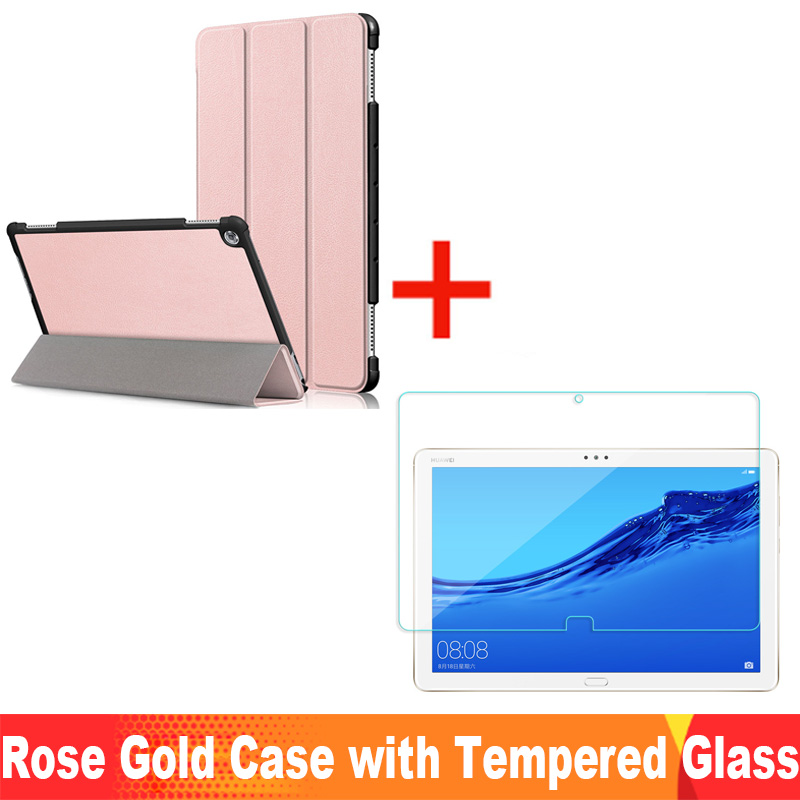 Para Huawei MediaPad M5 Lite funda 10 BAH2-W19/L09/W09 Ultra delgada Pu cuero Smart Stand cubierta para media Pad M5 Lite 10,1": RGold Case add Glass