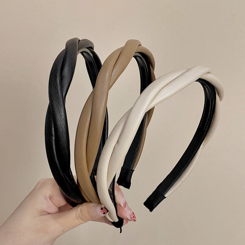 Diadema de cuero PU para mujer, turbante trenzado antideslizante, accesorios para el cabello Vintage, nueva