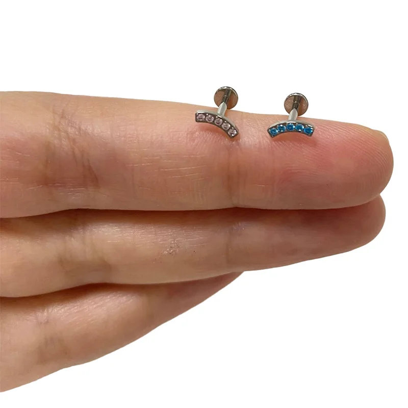 Pendientes de barra curva PIERC de titanio G23, 5 CZ pavimentados, cartílago superior roscado, Labret Stud, Tragus, labio, anillo, joyería para Piercing corporal