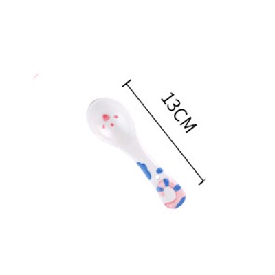 Cute Cat Ceramic Dinner Plate Dish Bowl Spoon Set Cartoon Porcelain Food Container Kids breakfast Dinnerware Set: Blue Spoon