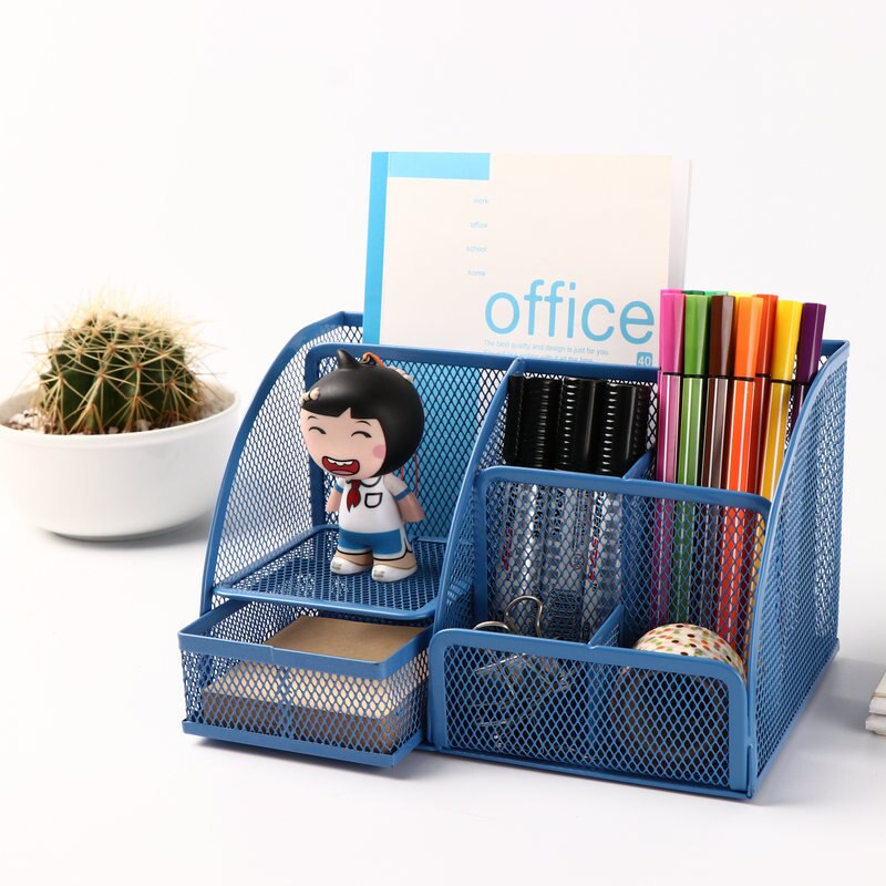 Durable Stationeries Holder Metal Mesh Basket Desk Commodity Organizer With Drawer Colorful Metallic Lacquer: Royal