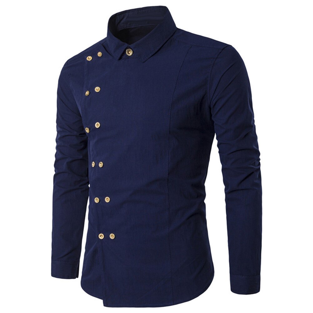 Mannen Shirt Lange Mouw Turn Down Kraag Diagonaal Dubbele-Breasted Knop Katoenen Shirt Shirt Heren Shirts Big Size 2XL: Marineblauw / L