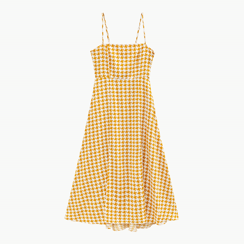 Marwin Summer Spaghetti Strap Long Women Houndtooth Printing High Street Hoilday Style Women Dresses: S / Beige
