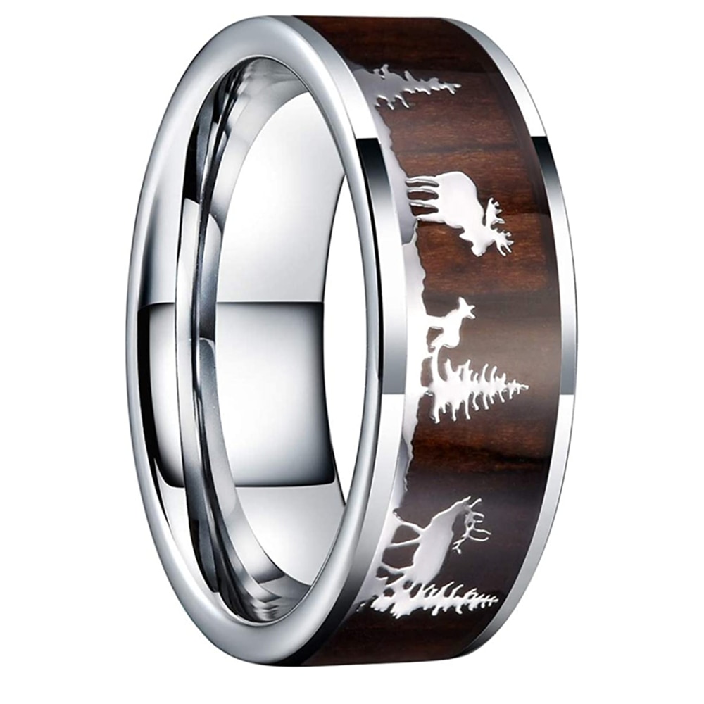 Bague de mariage en bois massif pour Couple, 8mm, en acier inoxydable, incrusté de cerf, bijou d'anniversaire de mariage, pour hommes et femmes,: 9 / Silver