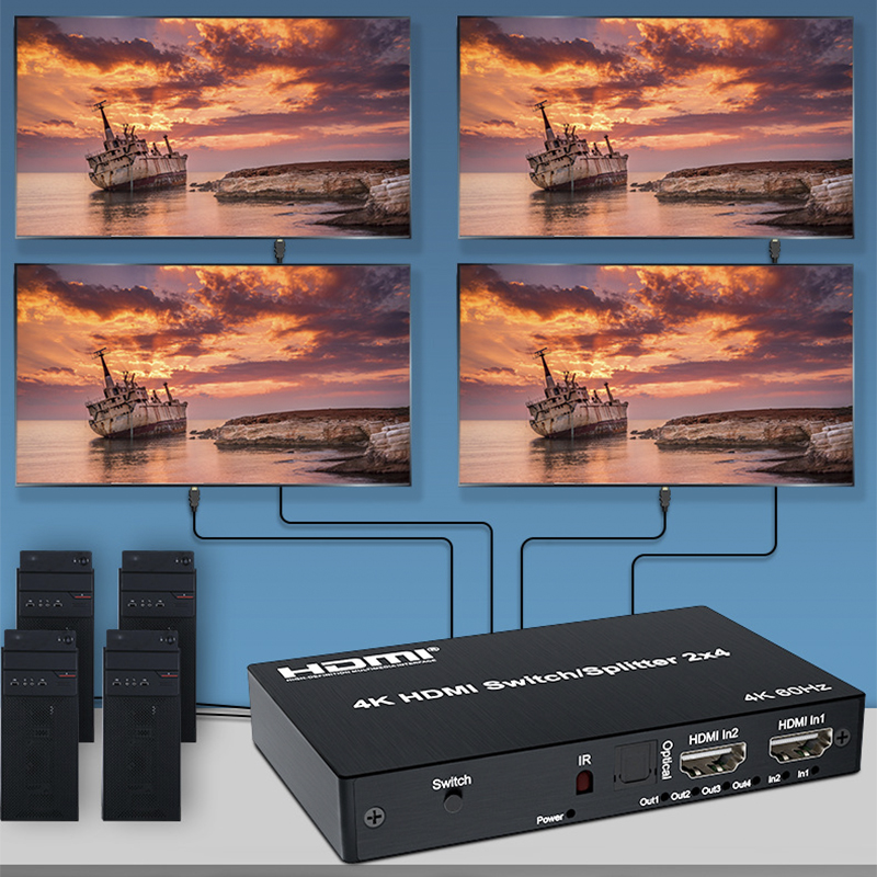 4K@60Hz 2x4 Switch 2 In 4 Out HDMI-compatible 5M/30M Extend Splitter Switcher With Audio Extractor for 4 Screen Monitor Display