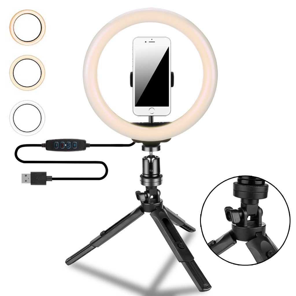 Ring Licht Statief Met 10 Inch Ronde Fotografie Lichten Webcast Verstelbare Mobiele Telefoon Houder Met Usb 3 Modes Led licht