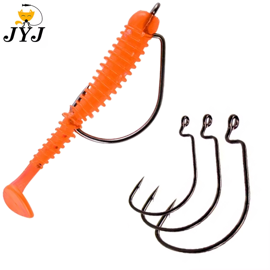 JYJ 100 pièces beaucoup d'hameçon de pêche offset, # 5/0 # 1/0 # 1 ... # 8 toutes tailles d'acier à haute teneur en carbone pour appâts à ver souple avec de grands yeux