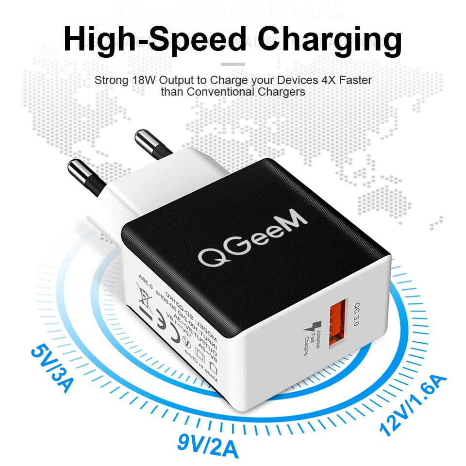 QGEEM-cargador USB QC 3,0, adaptador de carga rápida 3,0, dibujo de fibra, para iPhone, Xiaomi Mi9, UE, EE. UU.