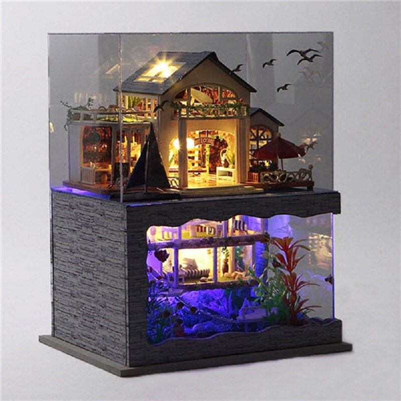 DIY Puppenhaus Miniatur Modell Hawaii Villa Haus Mit Licht Abdeckung Dekoration Sammlung Spielzeug Für Kinder Freund Kinder