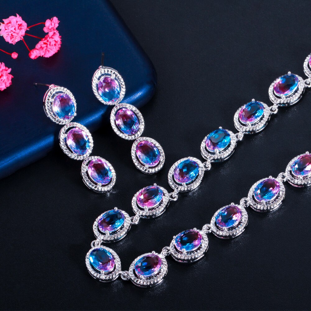 CWWZircons SchöNe Regenbogen CZ Mystischen Stein Runde Tropfen Frauen Partei Halskette Ohrringe Braut Hochzeit Schmuck setzt T520