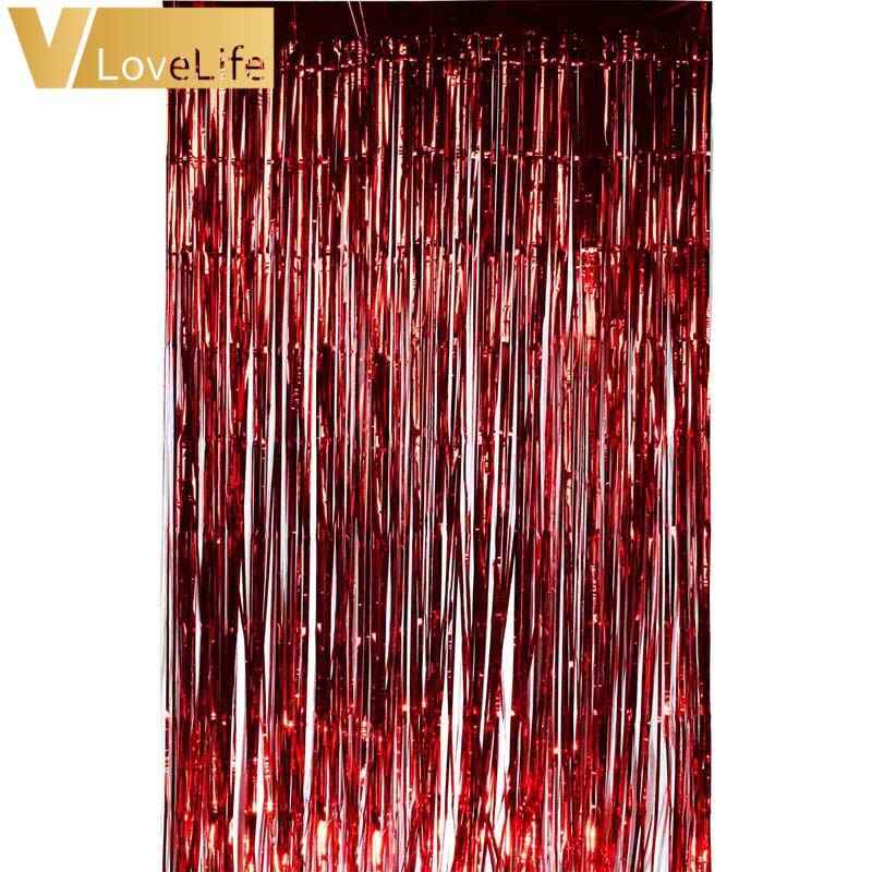 1M x 2 Meters Gold Foil Fringe Tinsel Curtain Tassel Garlands Wedding Photography Backdrop Birthday Party Decoration: Red