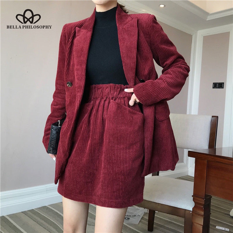Blazer de pana liso de bella philosophy para mujer, chaqueta con cuello de muesca, color vino tinto, cruzado, para otoño
