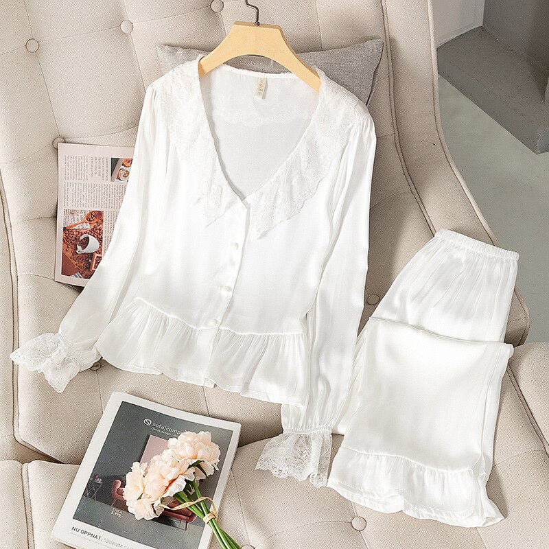 Fdfklak Korean Solid Color Lace Silk Pajamas-Set Autumn Flared Long-Sleeved Thin Nighty-Suit White/Red Sleepwear: white / L