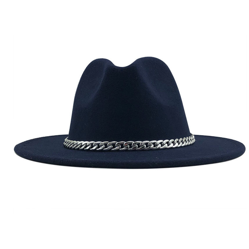 Fedora hat med bred kant rand lmitation uldfilt hatte med metal kæde indretning panama fedoras chapeau sombrero: 9