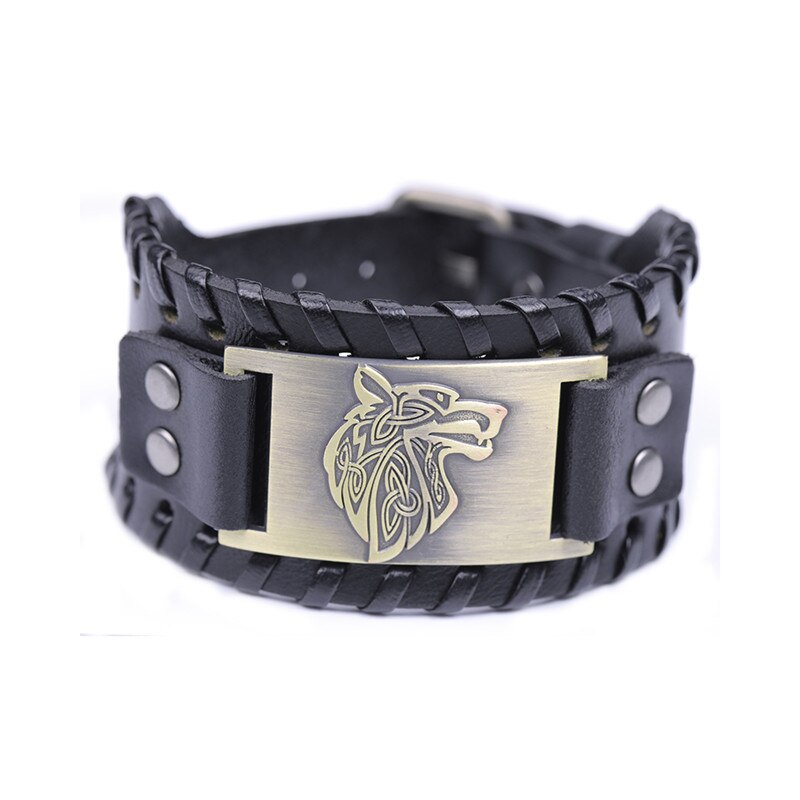 Dawapara Viking Wolf Hoofd Armband Voor Mannen Badge Charm Punk mannen Zwart Lederen Armband Brede Leren Armbanden Voor Vrouwen: Antique bronze