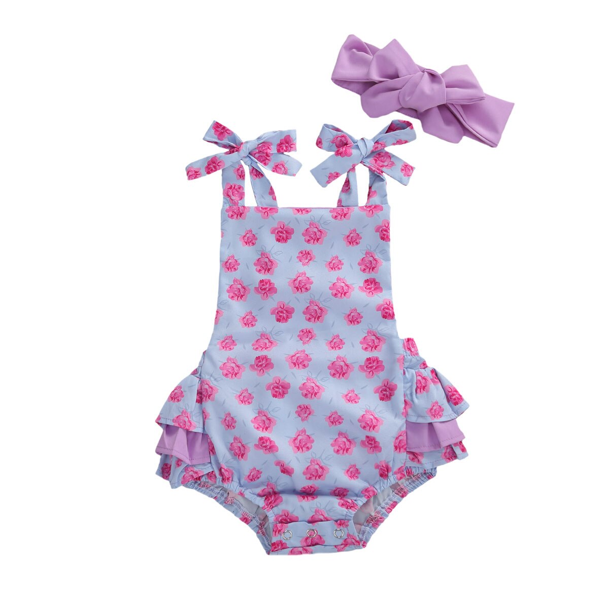 0-24m sommer søde børn baby piger drenge bodysuits blomster print flæser ærme lilla jumpsuits pandebånd: B / 6m