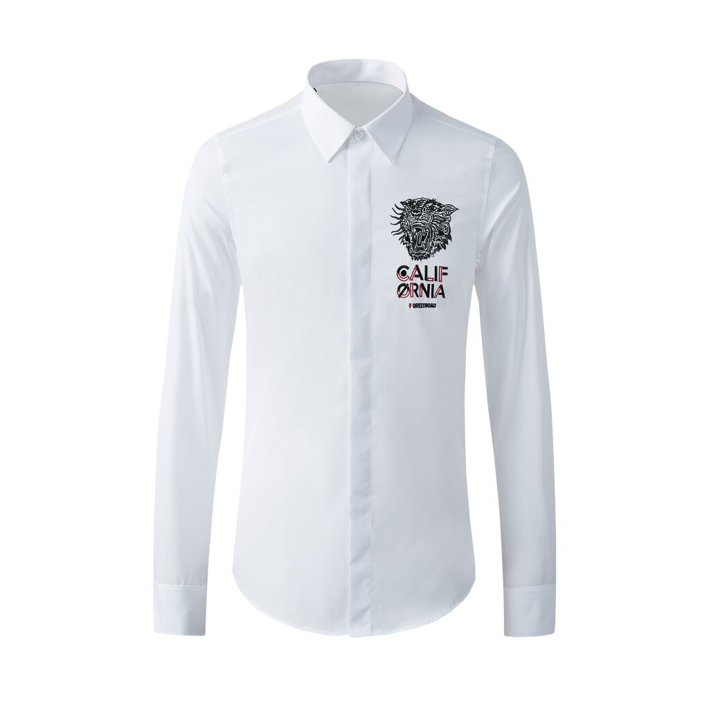 Långärmade manliga skjortor svart tigerbroderi casual herrklänningskjortor slim fit manskjortor plus storlek 4xl: Vit / Xl