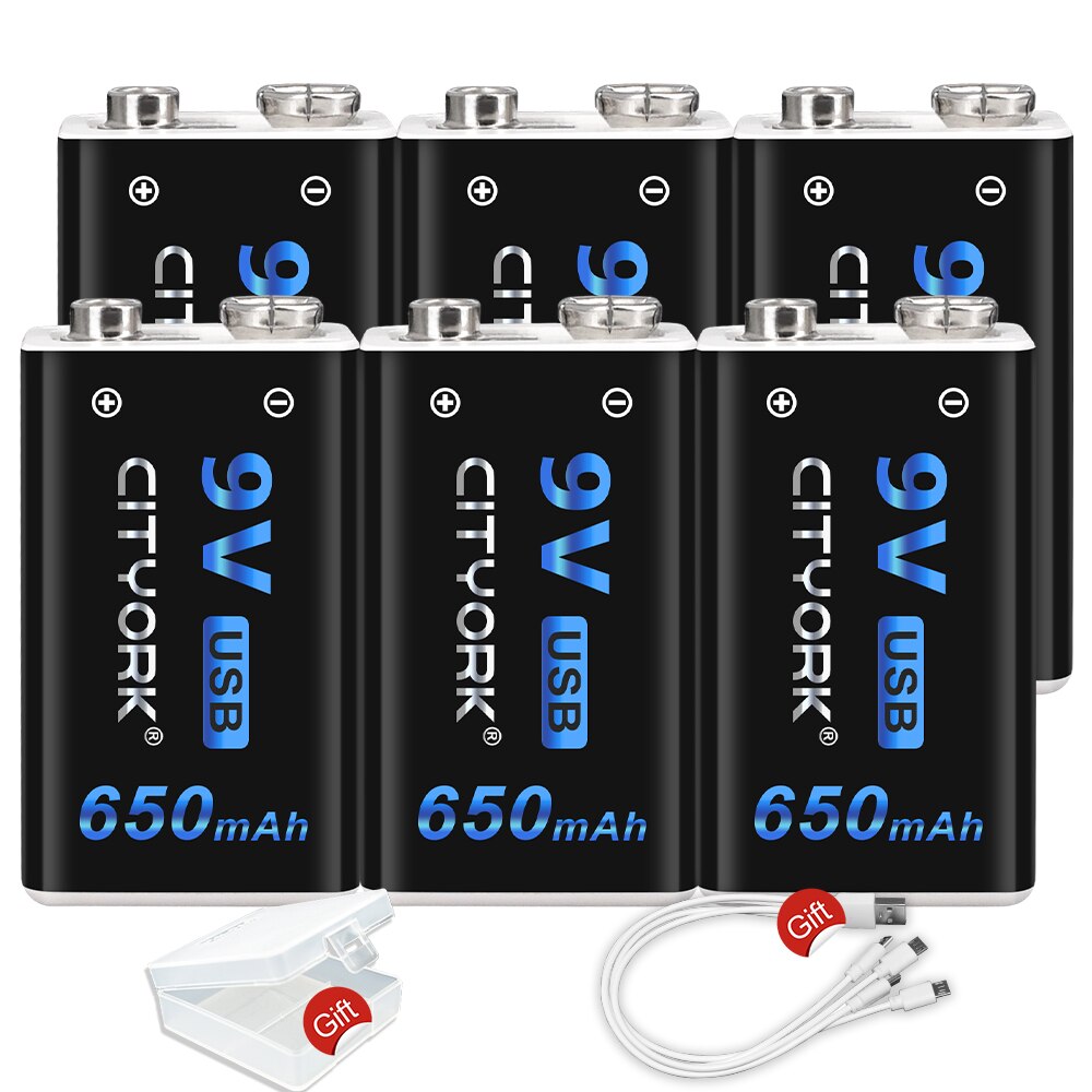 9V Li-ion Rechargeable Battery 650mAh micro USB 6F22 9v Lithium Battery for Microphone RC Helicopter Model Multimeter: 6pcs