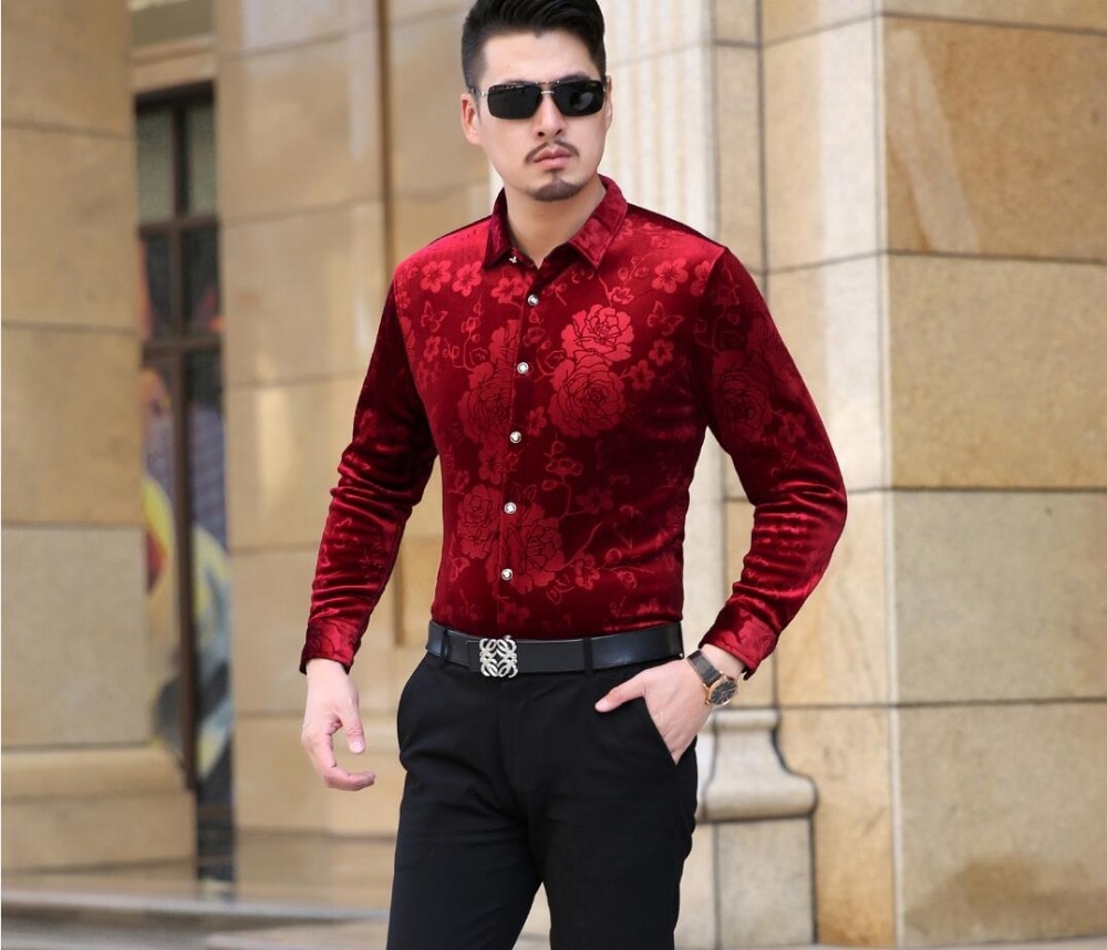 Heren fluwelen overhemd herfst & winter heren bloemen fluwelen overhemd lange mouw heren casual gouden fluwelen overhemden