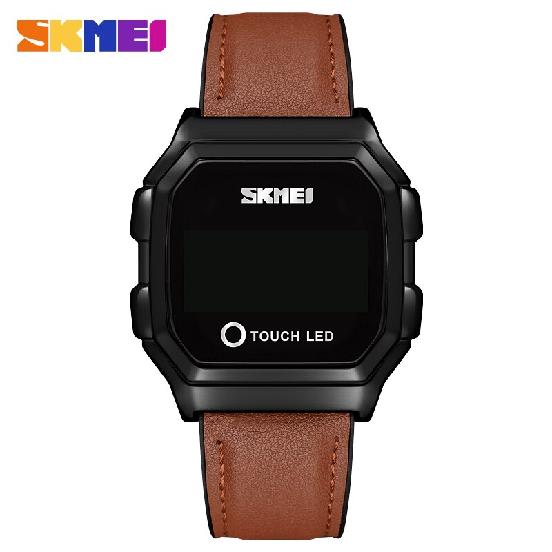 Skmei touch led digitale guldure herre dato tid herre armbåndsure vandtæt sportsur reloj hombre: Brunt læder