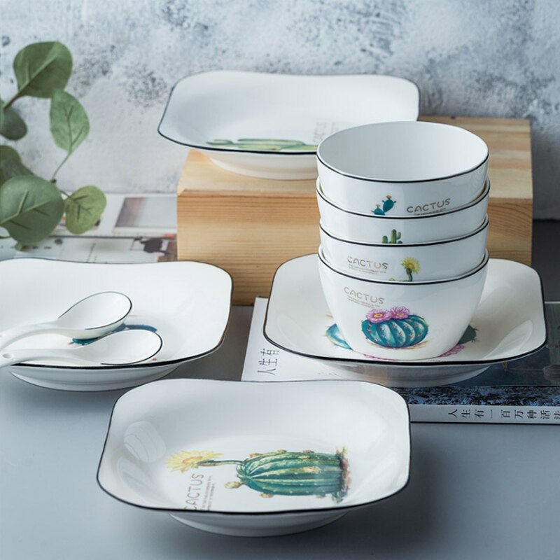 Vierkant porseleinen bord, cactus, dessertbord, broodbord, fruitsaladebord, scandinavisch ontbijtbord, botervloot, keukenservies