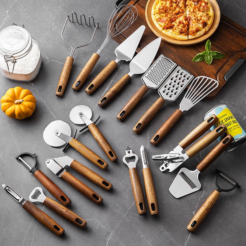 Utensilios de cocina de acero Manual, pelador de verduras, abrelatas, batidor de huevos, cortador de Pizza, rebanador de queso, herramientas de cocina útiles