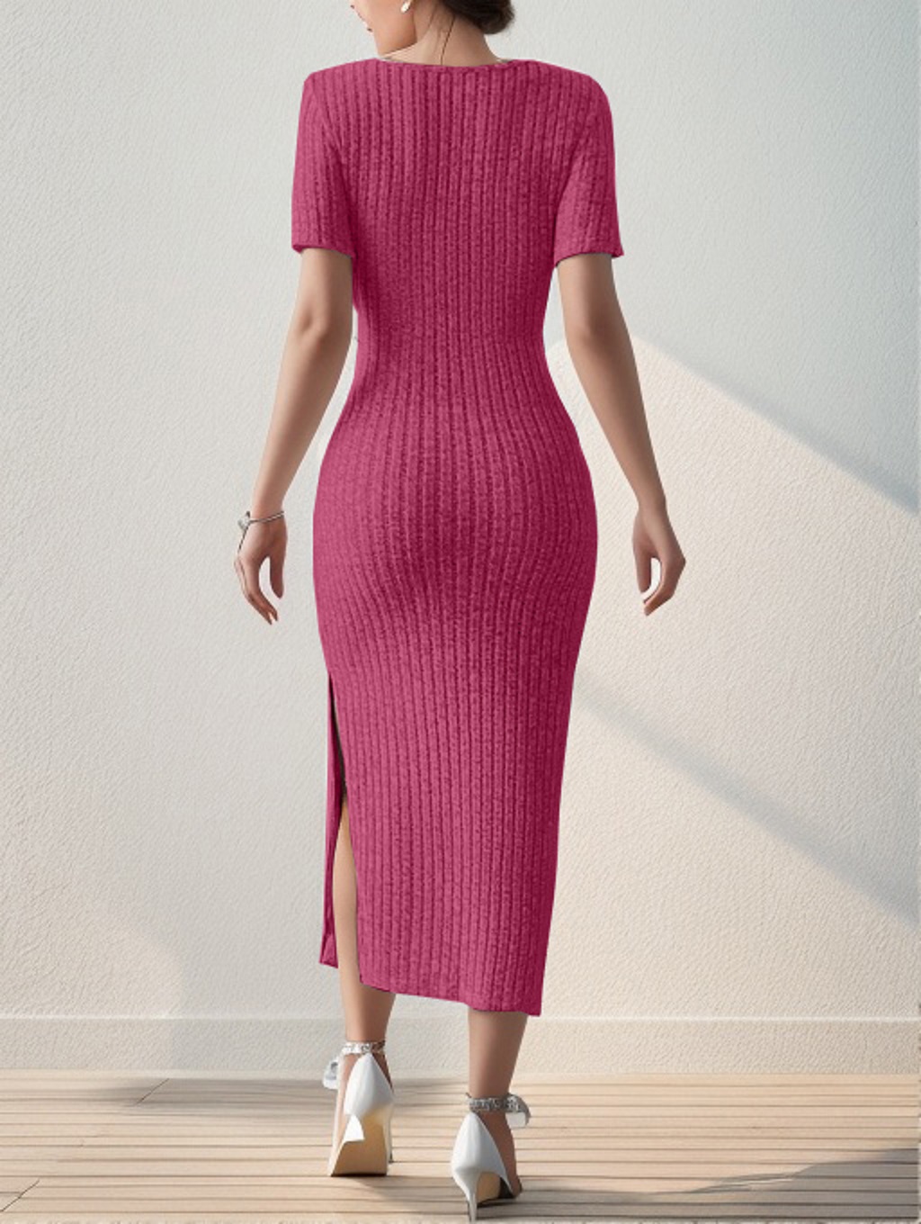 Robe d'été mi-longue à col carré, jupe moulante à la hanche, robe à manches courtes, fendue et polyvalente