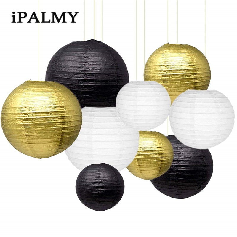 Ipalmay Goud Zwart en Wit Opknoping Ronde Papieren Lantaarns 8-10inch voor Wedding Baby Shower Evenementen Verjaardagsfeestje indoor Outdoor