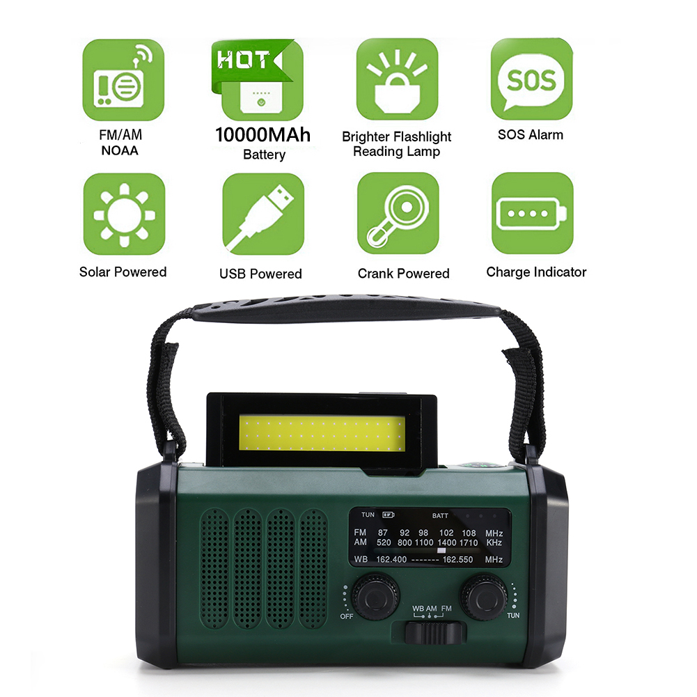 10000mAh Hand Crank Radio LED Emergency Weather Radio Flashlight Reading Lamp Type-C Charging Solar AM/FM/WB Radio with Compass