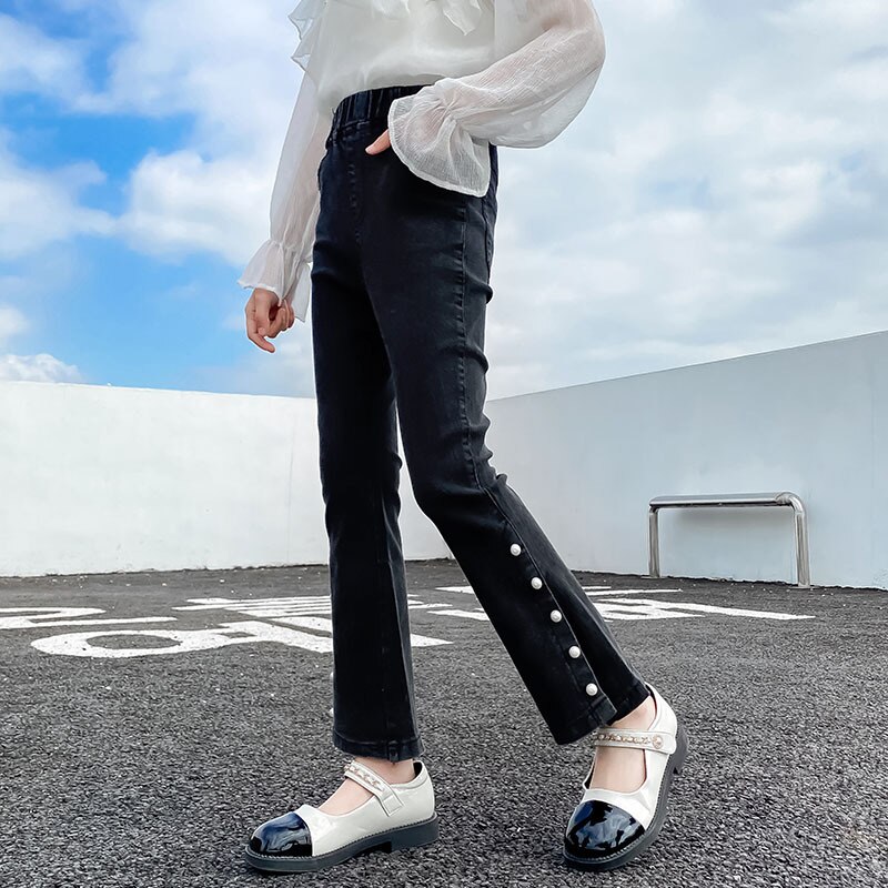 Jeans For Girls Black Boot Cut Pants with Pearl Casual Style Kids Elastic Split Flare Pants Spring Autumn Clothes 6 - 14Y