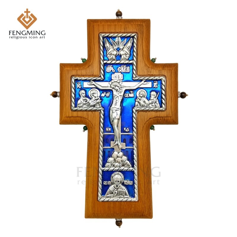 Ortodokse kryds kristne metal krucifiks på egetræ religiøst ikon dåb russere kunst