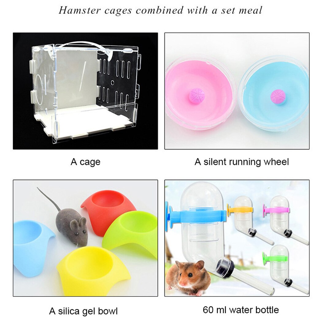 Casa de estimação hamster de acrílico, conjunto casa de porco holandês, gaiola rato ouriço, com tigela de comida, garrafa de água, roda pequena, acessórios para animais de estimação