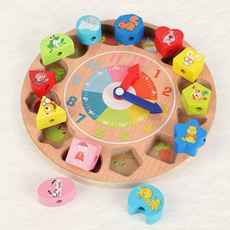 Holz Uhr Pädagogisches Lernen Sortierung Uhr Puzzle Kognition Spielen freundlicher Spielzeug K92D