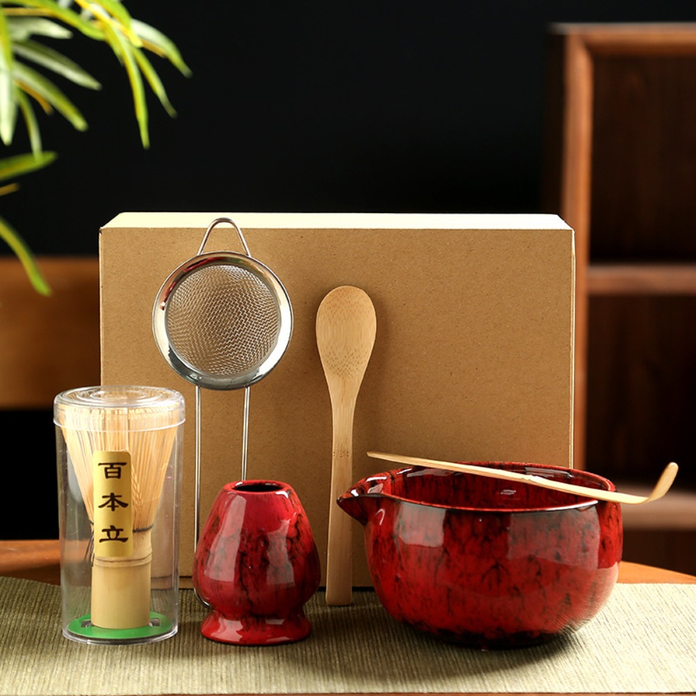 6PCS Ceramic Bamboo Japanese Matcha Tea Set Matcha Whisk Holder Reusable Matcha Whisk Set Matcha Bowl Whisk Teaspoon Tea Sets: plum