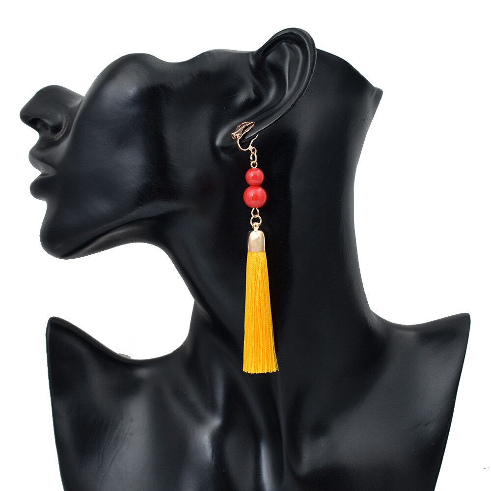 Non Pierced Cotton Silk Tassel Earrings Ear Cuff Earring Bohemia Long Ear Clip Earing Indian Ethnic Jewelry joyas: yellow earing