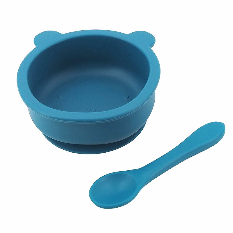 Chenkai 5Set 9 Color Baby Feeding Bowl Bear Shape Food Grade Silicone Anti-Flip Suction Tableware Infant Waterproof Bowl Spoon: Ocean Blue