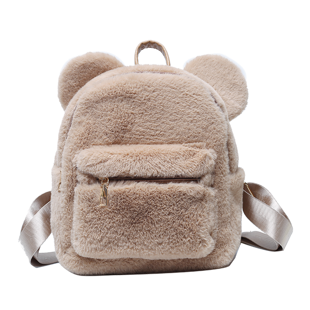 Urso impressão de pele do falso ombros saco urso orelhas de pelúcia mochila feminina bonito peludo saco novo inverno sacos para as mulheres 2022 novo: Khaki Backpack