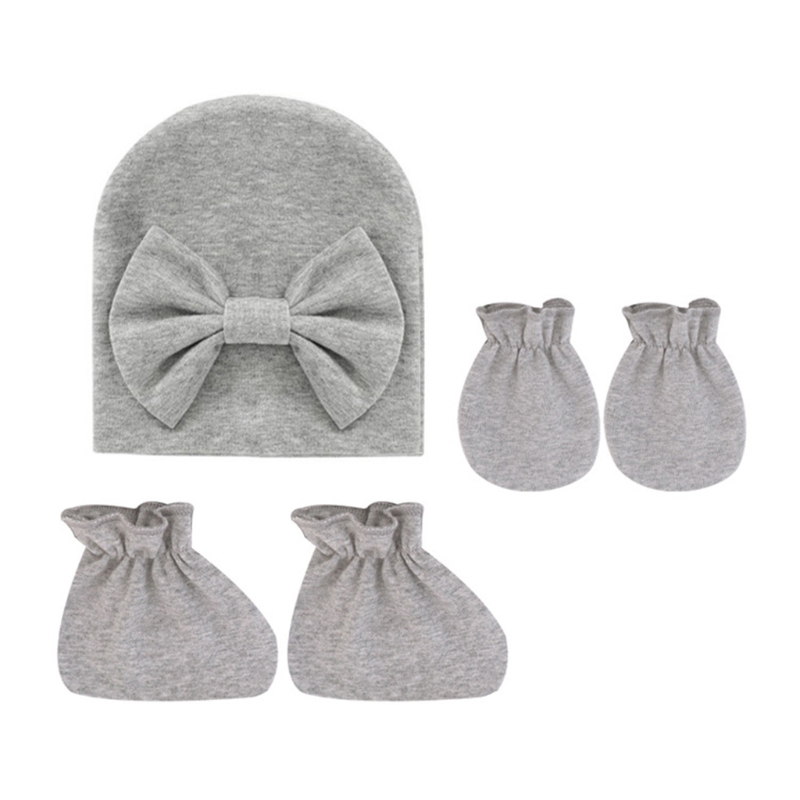 Baby Strik Hoed Geen Kras Handschoenen Voet Cover Set Zuigelingen Zachte Katoenen Wanten D5QA: Gray