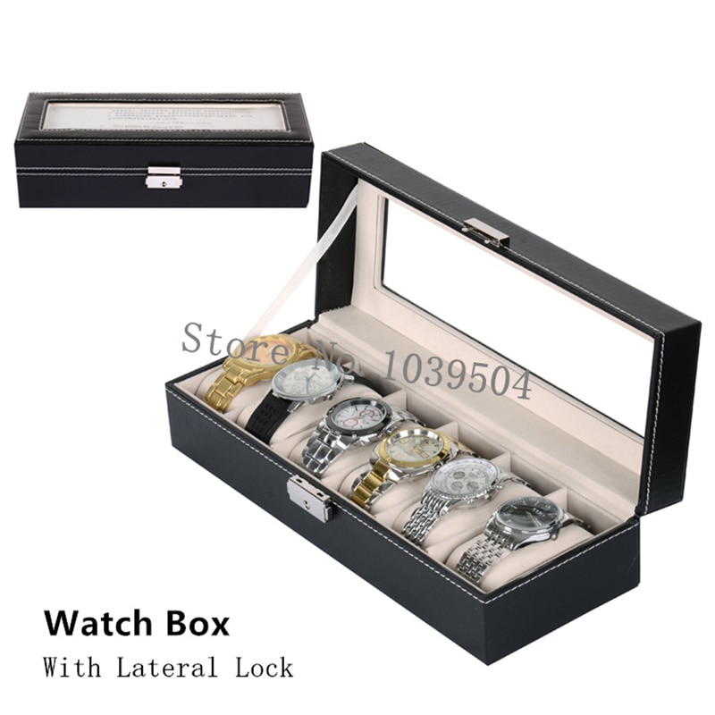 Laterale Lock 6 Slots Horloge Dozen Case Zwarte Lederen Horloge Organizer Met Glazen Venster Mechanische Horloge Opslag Box Holder