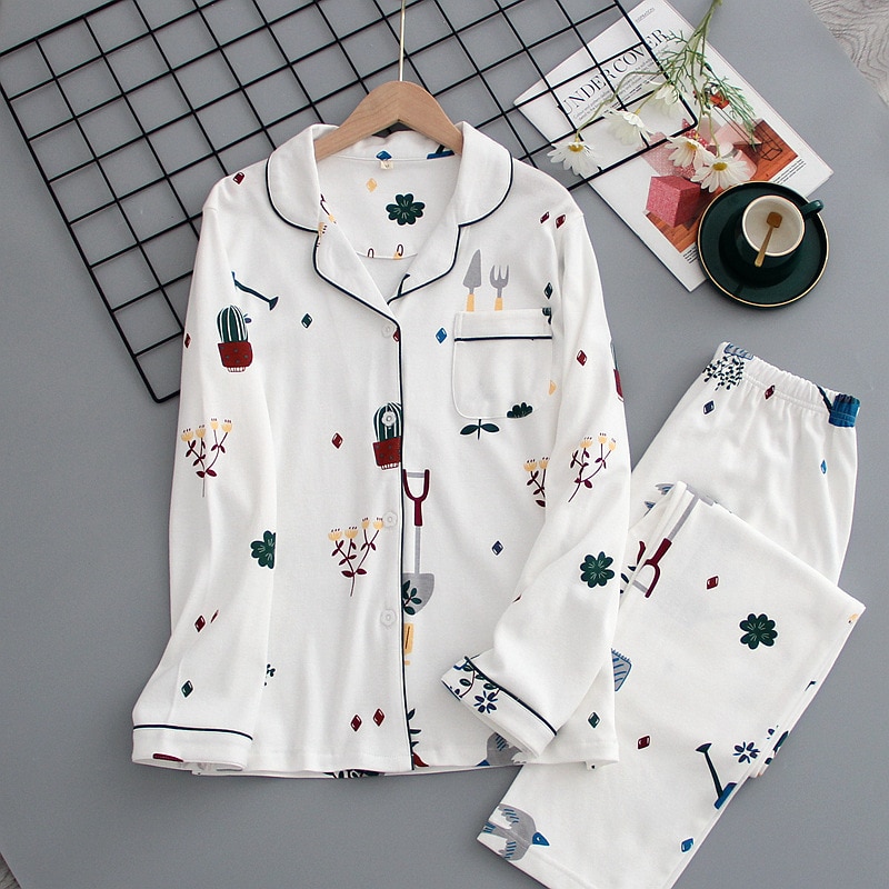 Dames katoenen zachte comfortabele turn-down kraag nachtkleding dames 2- delige pyjama pakken dames bedrukte elasticiteit taille homewear