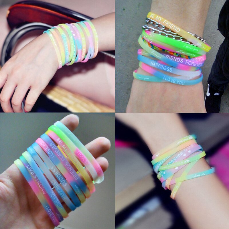 Luminous Deep Silicone Rubber Elastic Sports Wristband Never Give Up Printing Neutral Cuff Bracelet Candy Color Golf for Friends