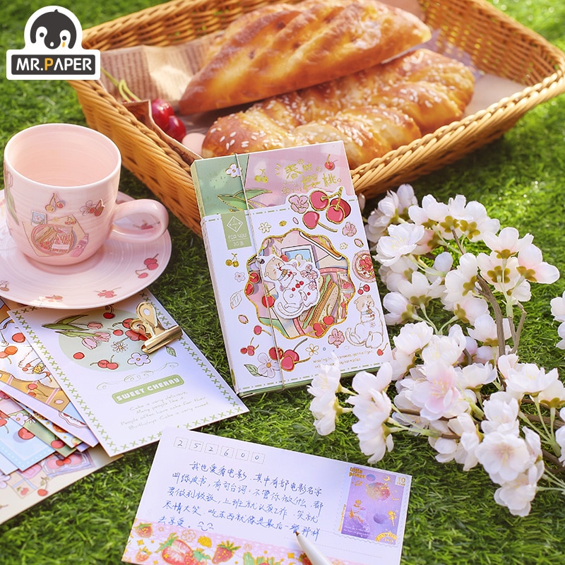 Mr.Paper 30 Pcs/box Cartoon Style Spring Cherry Series Postcards Blessing Writing Greeting Decor Collage Material
