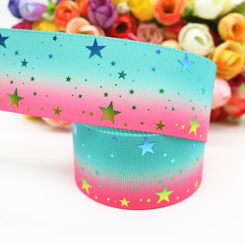10 Yards 1.5 "38MM brillant arc-en-ciel or étoile imprimé ruban gros-grain pour cheveux nœuds bricolage artisanat accessoires faits à la main M19090201: 11