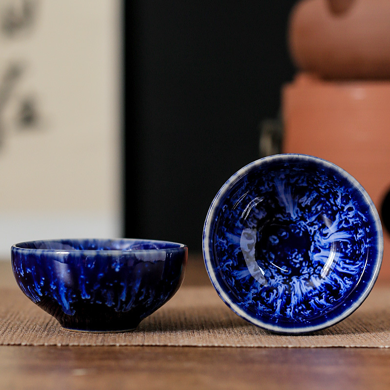 45ml copo de cerâmica doméstico forno mudança xícara de chá mestre copo de degustação copo de água azul cetim tigela de chá jianzhan casa de chá cha teaware: Azul profundo