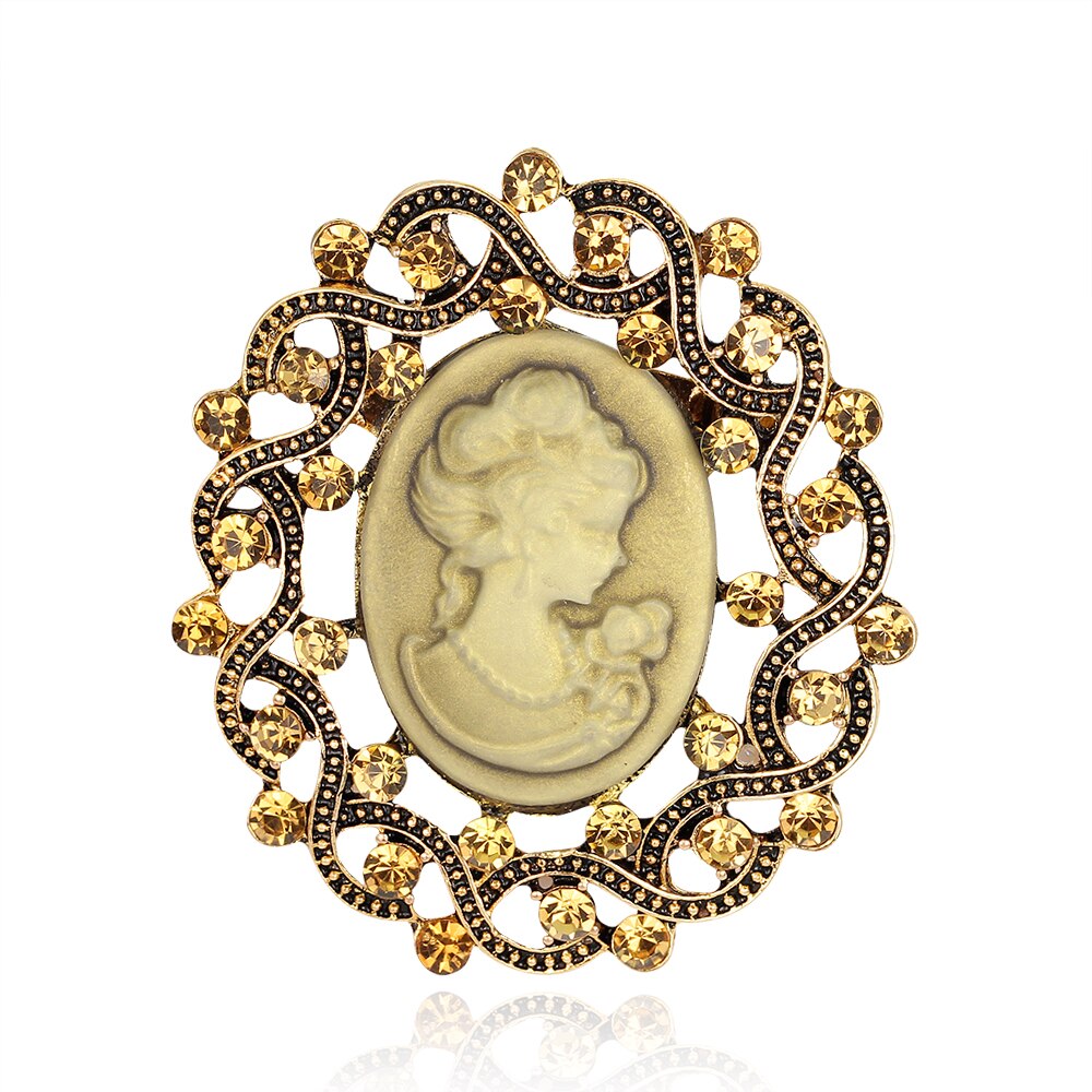 Crystal Rhinestones Cameo Vintage Broches Voor Vrouwen Queen 'S Cameo Beauty Hoofd Broche Pin Kleding Accessoires Meisjes: Licht Geel Kleur